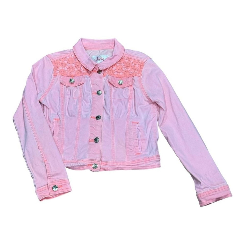 Justice Jacket Girls Size 10 Pink Denim Lace Floral Detail Long Sleeve Button Up